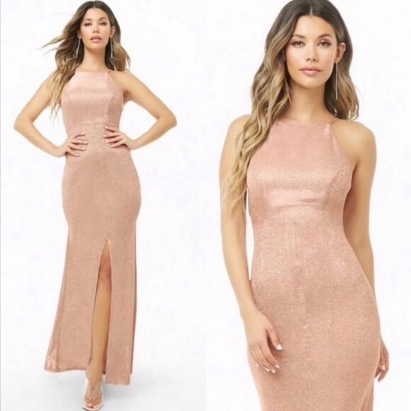 Forever 21 Blush Silver Glitter Halter Bodycon Mermaid Maxi Dress - Picture 1 of 6
